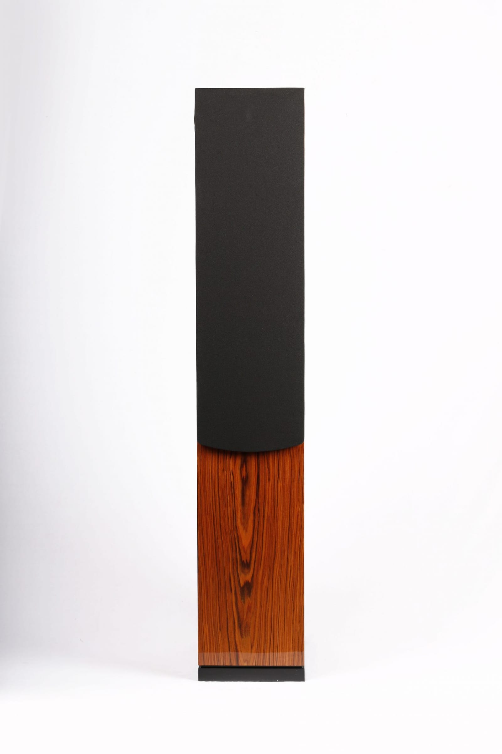 Arya seen straight on with its black cloth grille fitted over the driver section, leaving the rosewood veneer of the lower cabinet exposed.