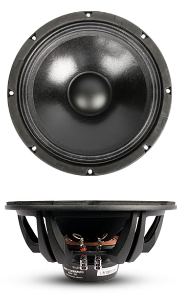 SB Audience NERO-12MWN400D twelve-inch woofer, face-on above a side profile: a black paper cone with a domed dust cap inside a ribbed surround on an eight-bolt cast chassis, the side view showing the open basket arms, the terminals and a compact neodymium motor.
