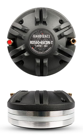 SB Audience ROSSO-65CDN-T compression driver, rear view above a side profile: a ribbed black cast rear cover carrying a red and a gold terminal post and a label reading ROSSO-65CDN-T, 140 W, 8 ohms, manufactured in Indonesia, with a polished aluminium neodymium motor ring visible from the side.