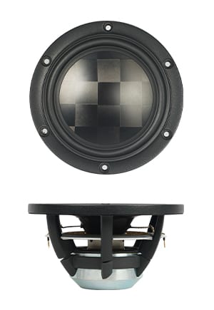 SB Acoustics Satori MR13TX-4 5-inch midrange: a TeXtreme checkerboard carbon cone with a rubber surround on a cast aluminium chassis.