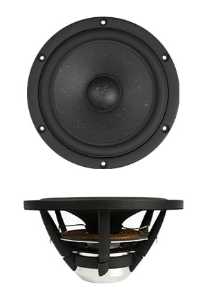 Satori MR16P-4 midrange, face-on above a side profile: a black Egyptian Papyrus cone with a dome dust cap on a six-bolt cast aluminium chassis, the open basket arms and motor visible from the side.