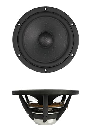 Satori MW16P-8 midwoofer, face-on above a side profile: a dark speckled Egyptian Papyrus cone with a dome dust cap on a black cast aluminium chassis, motor and vented pole visible from the side.