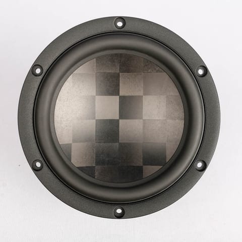 SB Acoustics Satori MW16TX-4 6.5-inch midwoofer seen face on: a TeXtreme cone with a visible checkerboard carbon weave and a rubber surround, on a cast aluminium chassis.
