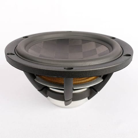SB Acoustics Satori MW16TX-4 midwoofer seen from three-quarters, showing the TeXtreme cone, the cast basket and the polished neodymium motor underneath.