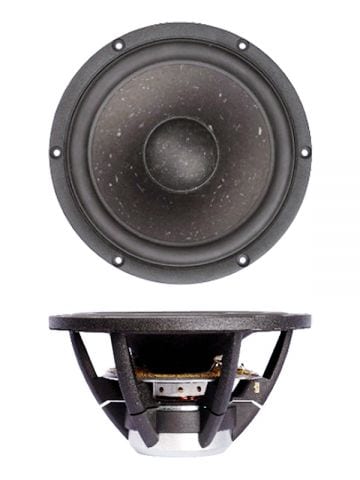 Satori MW19P-8 midwoofer, shown face-on above a side profile: a speckled brown Egyptian Papyrus cone with a shallow dome dust cap, a rubber surround and a six-bolt black cast aluminium chassis, with the vented motor and polished pole visible from the side.