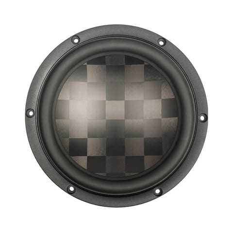 Satori MW19TX-8 midwoofer face-on: a TeXtreme cone with the checkerboard weave of spread-tow carbon clearly visible, inside a rubber surround on a black cast chassis with six bolt holes.