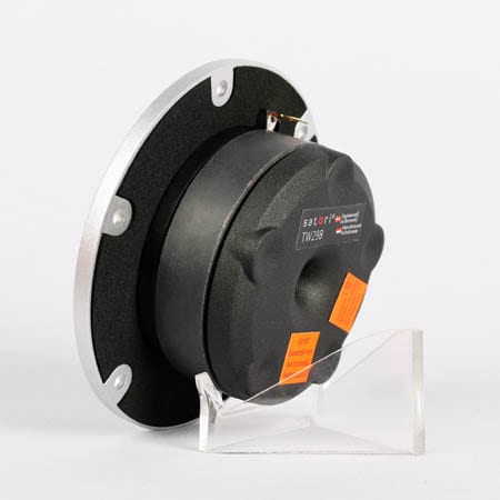 Rear three-quarter view of an SB Acoustics Satori TW29B tweeter, showing the deep cast rear chamber that houses its motor behind the machined front flange.