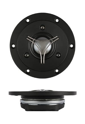 Satori TW29BN-B tweeter, face-on above a side profile: a metallic beryllium dome behind a three-arm wire guard on a black round faceplate with four bolt holes, and a shallow profile from the side.