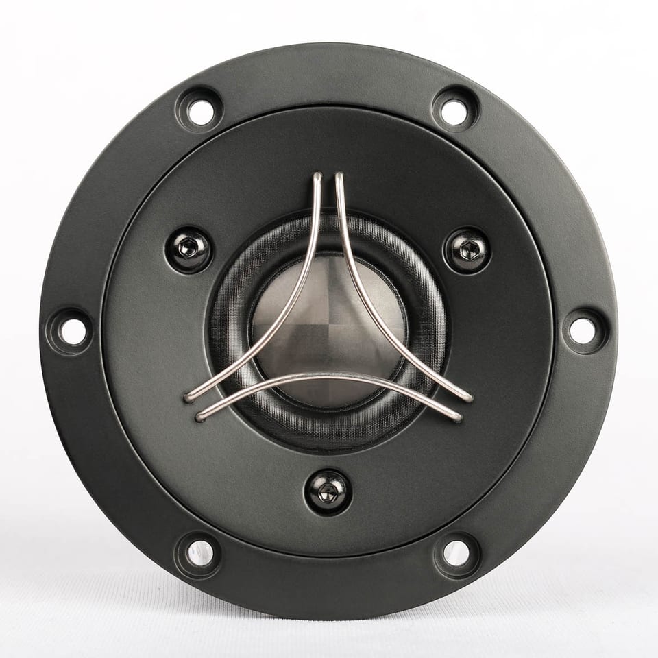 SB Acoustics Satori TW29TXN-B-8 tweeter seen face on: a 29 mm dome behind a three-arm protective grille, on a black faceplate.
