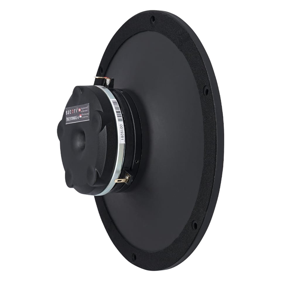 Side view of an SB Acoustics Satori TW29TXNWG-4 tweeter on its waveguide, showing the compact neodymium motor assembly with its bright plated metal band.
