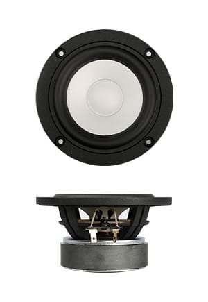 SB Acoustics SB12CACS25-4 4-inch midwoofer: front view of a pale ceramic cone with a concentric dust cap and rubber surround in a round black chassis, above a side profile showing the frame and ferrite magnet.