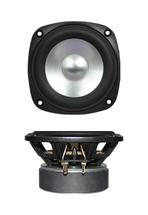 SB Acoustics SB12PAC25-4 4-inch midwoofer: front view of a bright silver aluminium cone and large dust cap in a square black chassis with a screw hole at each corner, above a side profile showing the frame and ferrite magnet.
