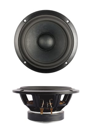 SB Acoustics SB13PFCR25-8 5-inch midwoofer: front view of a black paper cone and dust cap with a rubber surround in a round chassis with four screw holes, above a side profile showing the spoked frame and ferrite magnet.