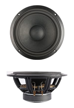 SB Acoustics SB16PFCR25-4 6-inch midwoofer: front view of a black paper cone and dust cap with a rubber surround in a round chassis with four screw holes, above a side profile showing the open spoked frame and ferrite magnet.