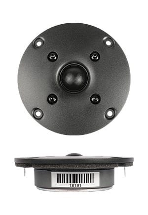 SB Acoustics SB19ST-C000-4 tweeter: front view of a small black textile dome in a round textured faceplate with four outer screw holes and four inner screws, above a side profile showing the magnet and a barcode label.