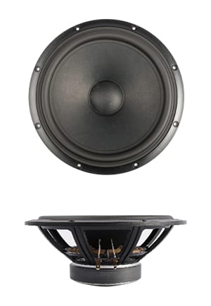 SB Acoustics SB20PFCR30-4 8-inch woofer: front view of a black paper cone and dust cap in a round chassis with eight screw holes around the rim, above a side profile showing the deep spoked frame and ferrite magnet.