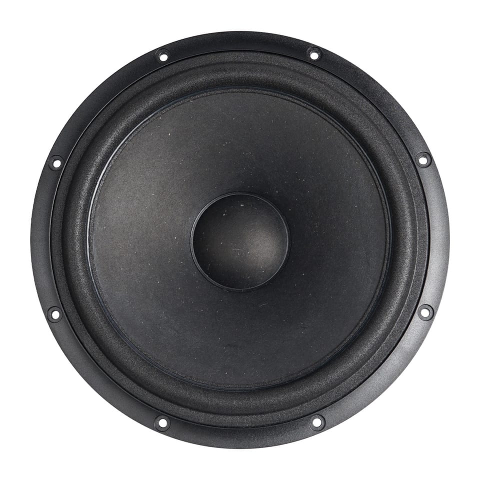 SB Acoustics SB20PFCS30-7 8-inch woofer seen face on: a plain paper cone with a rubber surround and a shallow dust cap, on a black round-mount chassis with eight bolt holes.