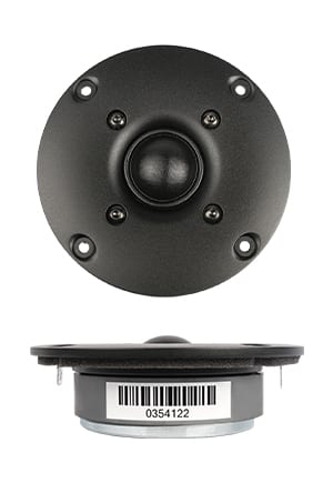 SB Acoustics SB26ST-C000-5 tweeter: front view of a black textile dome in a round textured faceplate with four outer screw holes and four inner screws, above a side profile showing the magnet and a barcode label.