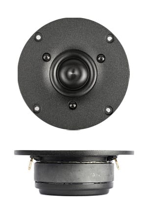 SB Acoustics SB29RDAC-C000-4 ring radiator: front view of a small black ring dome set in a round textured faceplate with four outer screw holes and four inner screws, above a side profile showing the faceplate and ferrite magnet.
