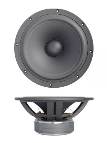 SB34NRXL75-8 twelve-inch woofer, face-on above a side profile: a large pale grey Norex paper cone with a domed dust cap on an eight-bolt cast chassis, with a deep ferrite motor visible from the side.