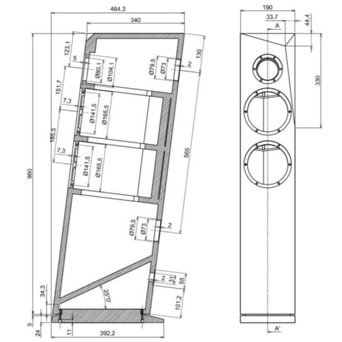 Loudspeaker cabinet technical drawing: side cross-section with internal chambers and front view with three driver cut-outs
