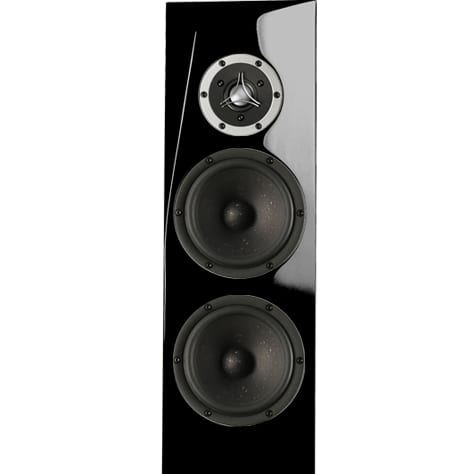Gloss black Rinjani Be floorstander baffle: dome tweeter above two identical mid-woofers with speckled fibre cones.