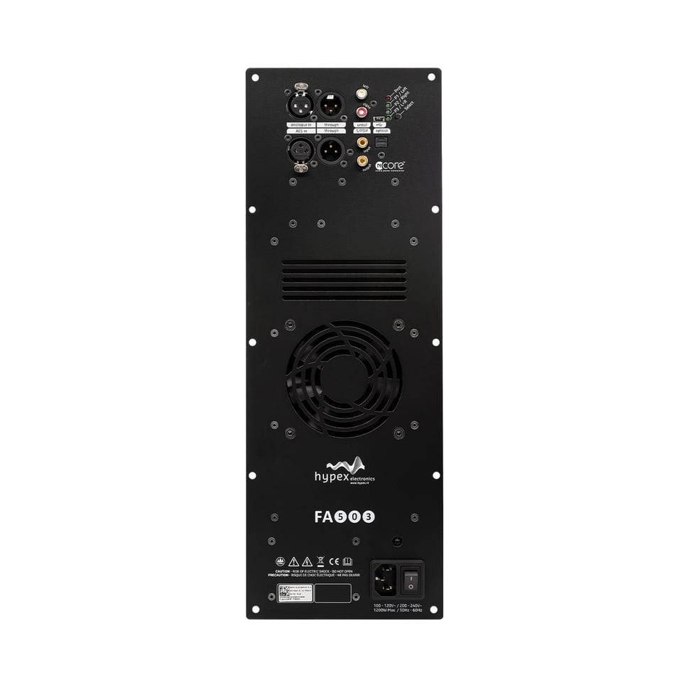 Rear of a Hypex FusionAmp FA503 plate amplifier: a black rectangular mounting plate with balanced XLR and unbalanced RCA analogue inputs, AES and S/PDIF digital inputs with optical, a row of status LEDs, a ventilation slot, a cooling fan grille, and an IEC mains inlet with rocker switch at the bottom.