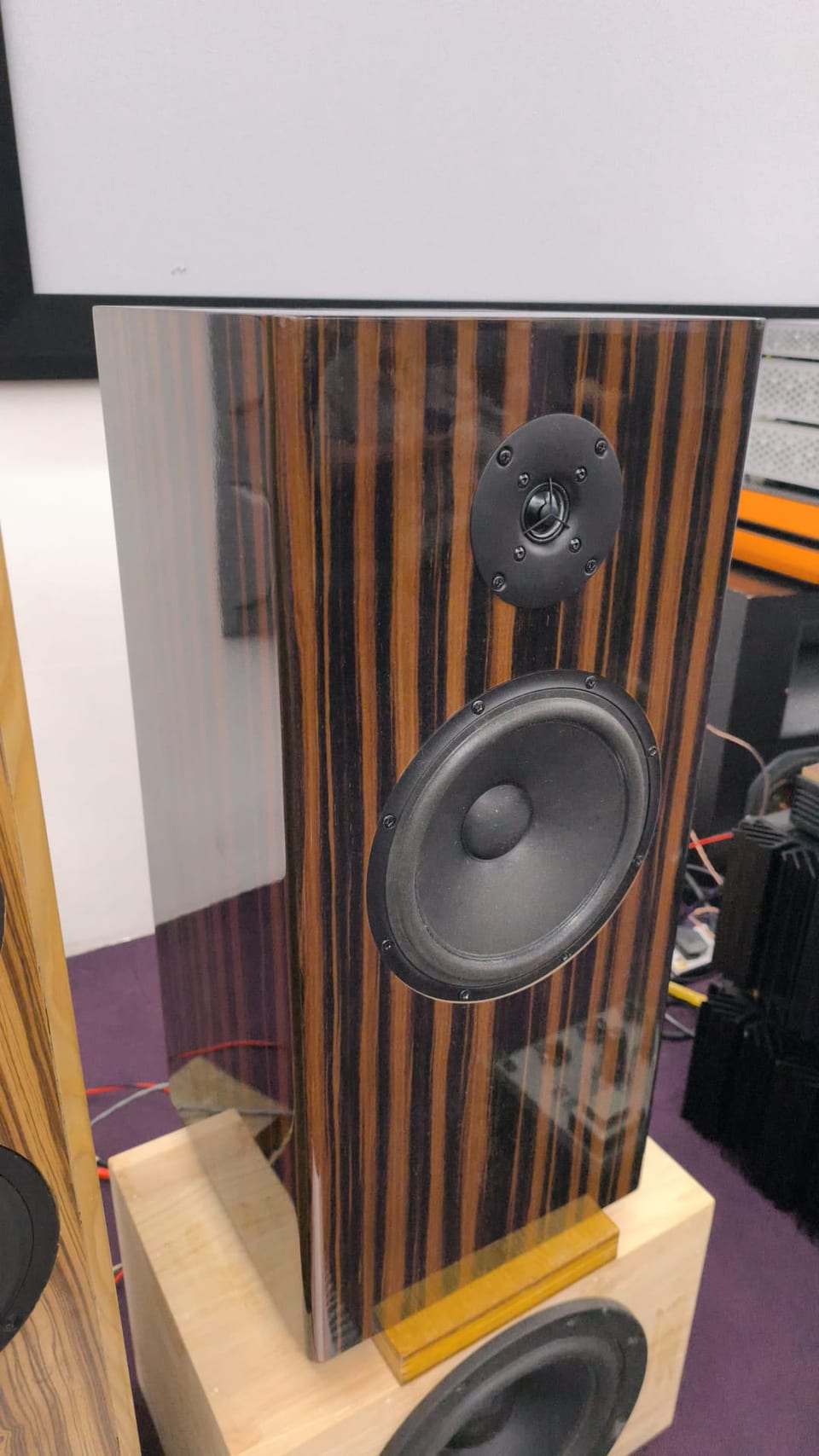 The ebony-veneer Kinnara at the Noising 2026 meet, from the front left: a tall gloss cabinet on a light wooden plinth, a dome tweeter above a cone woofer, no grille, an equipment rack and amplifier heatsinks behind it.