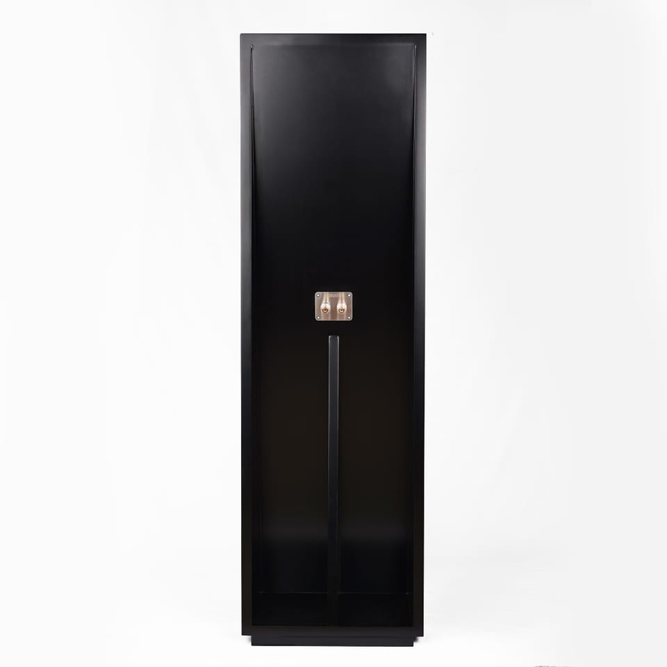 Kinnara floorstander rear panel straight on: plain black with one silver binding-post plate low down and no port opening anywhere on the panel.
