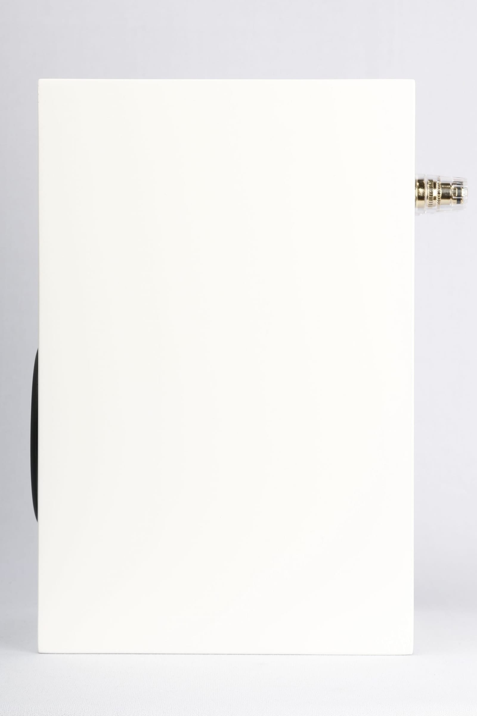 Micro in white seen in side profile, showing the compact depth of the cabinet and the binding posts standing proud of the rear panel.