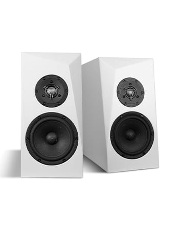 Pair of Ara Be bookshelf speakers in white gloss, angled on a white background, showing the Satori beryllium tweeter above the Egyptian Papyrus midwoofer.