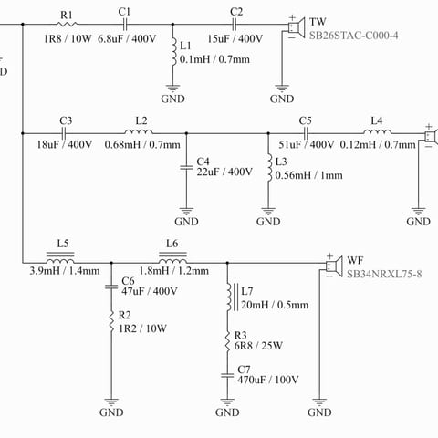 Gema crossover schematic: three filter branches feeding tweeter SB26STAC-C000-4, midrange, and woofer SB34NRXL75-8