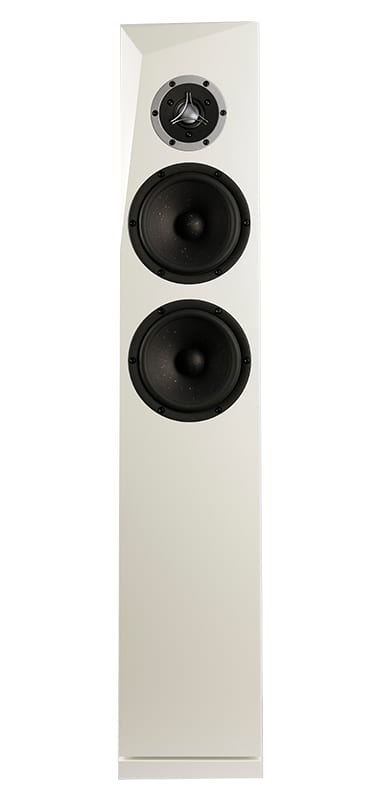 Rinjani Be floorstanding speaker in gloss white, front view: dome tweeter above two matching cone midwoofers.