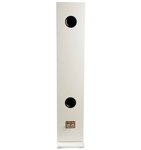 Rear of a white gloss Rinjani Be floorstander showing two circular openings and a binding-post terminal plate.