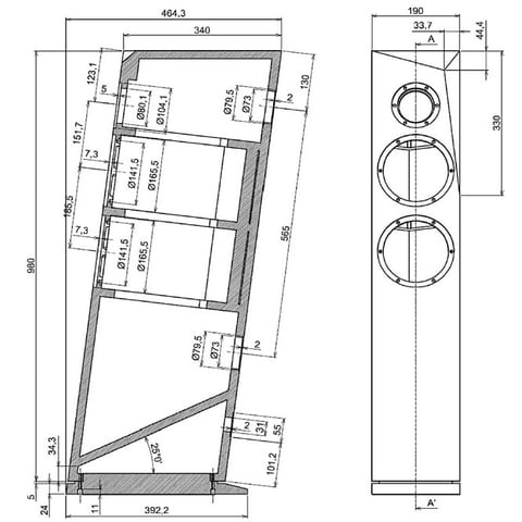 Dimensioned Rinjani cabinet drawing: side cross-section with slanted baffle and internal partitions, plus front elevation.