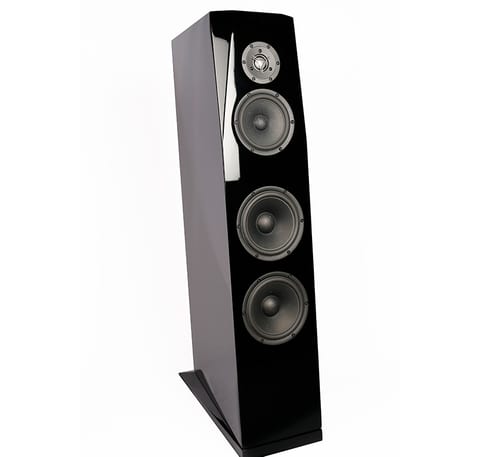 Black piano gloss Sasandu floorstander, angled view: dome tweeter, midrange and two woofers on slanted baffle.