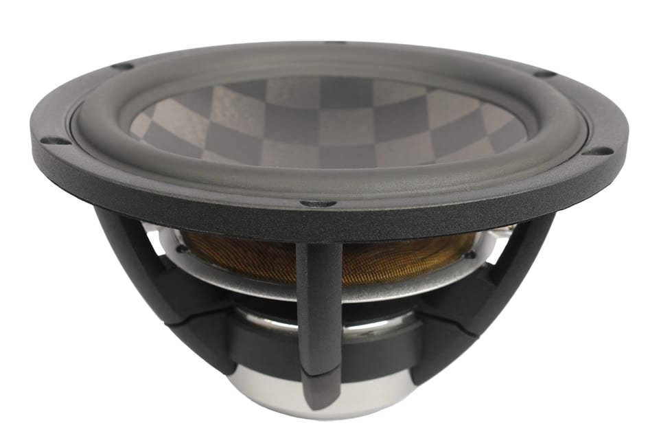 Satori TeXtreme midwoofer at an angle, showing its checkerboard carbon-fibre weave cone and cast basket.