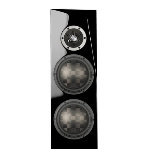 Rinjani TeXtreme gloss black floorstander with dome tweeter and two woven TeXtreme midwoofer cones, front view