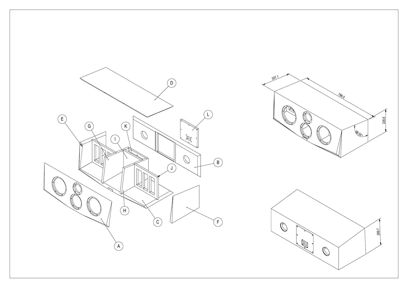 Exploded panel drawing of the Raiya Tx cabinet showing the front board, top, bottom, back and side panels and the internal bracing separated out, alongside two assembled views of the finished cabinet from the front and the rear.