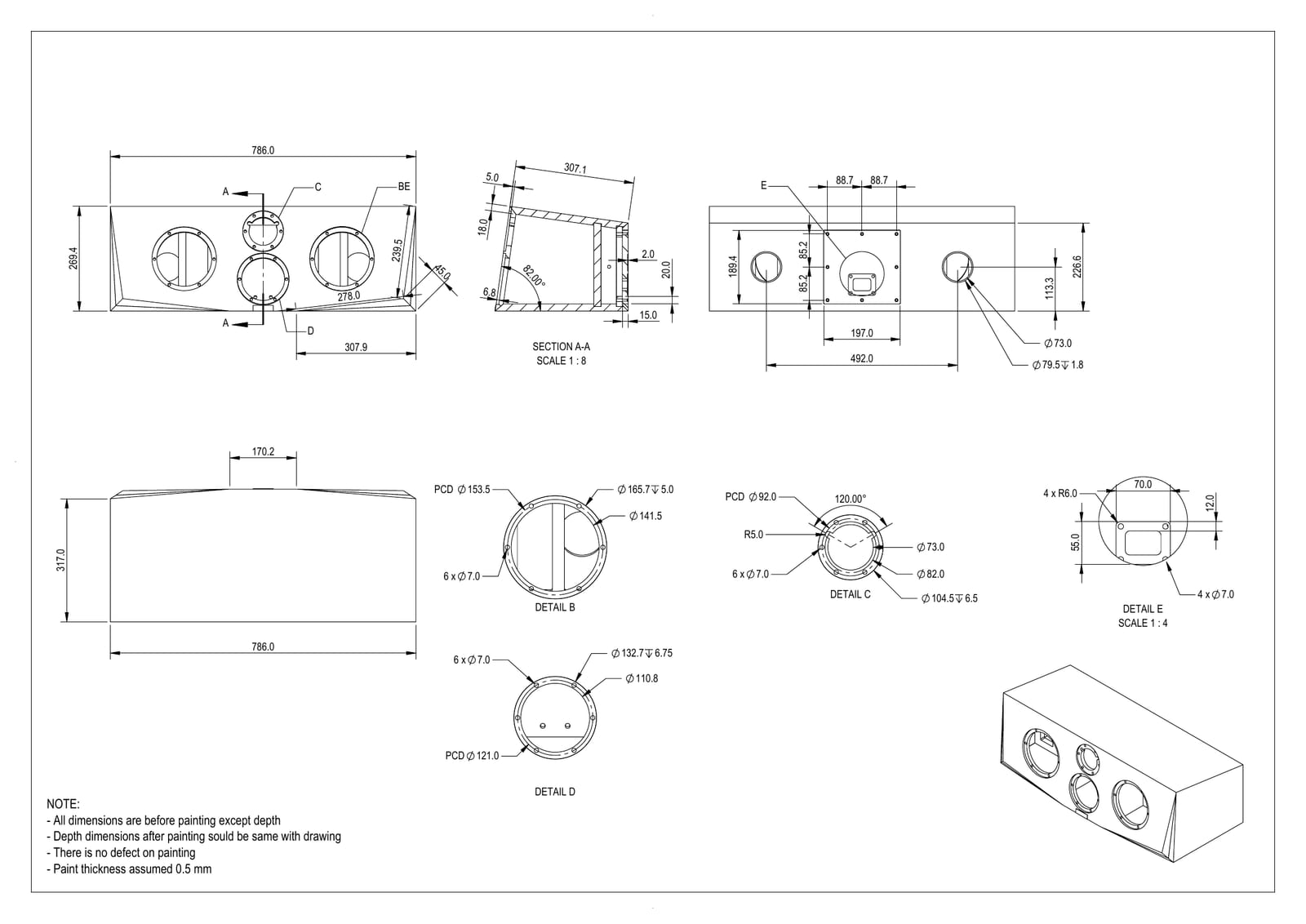 Cabinet drawing sheet for Raiya Tx showing the front elevation with driver cutouts, a section through the angled baffle, the rear panel with its two port openings and terminal recess, and scaled details of each cutout diameter and bolt circle.