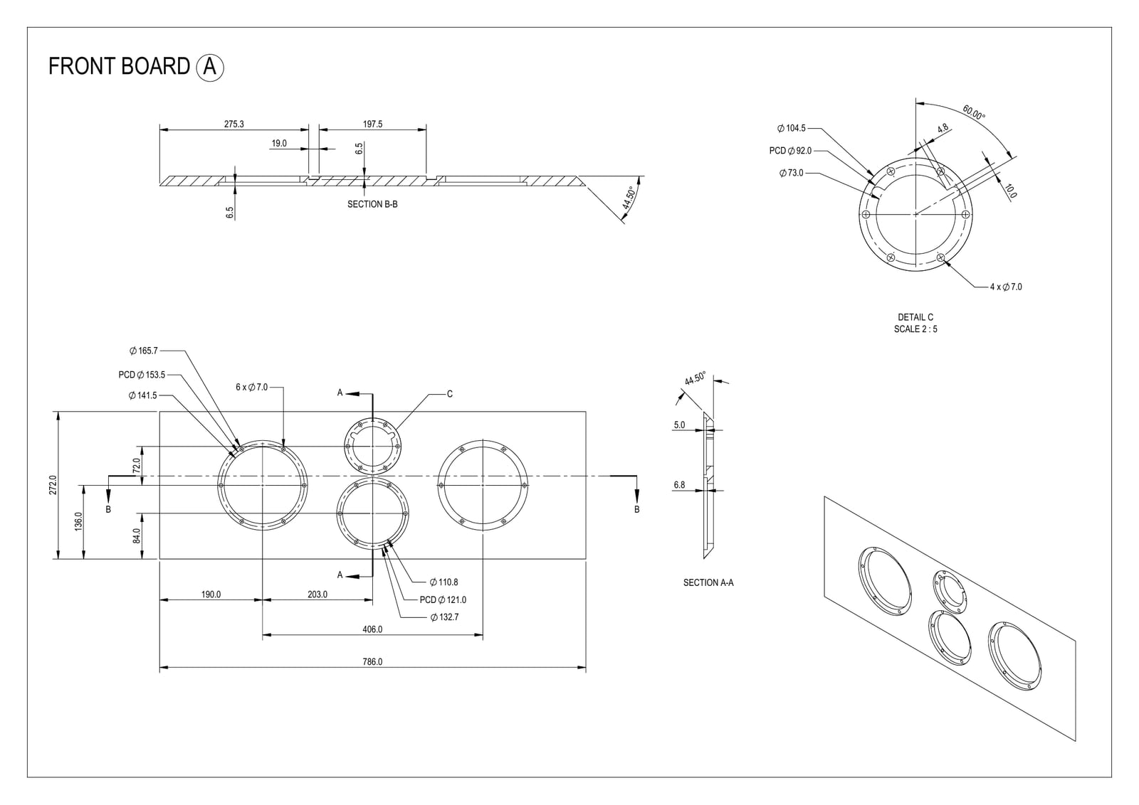 SB Acoustics front board drawing for Raiya Tx. The board is dimensioned 786 mm wide and 272 mm tall, with the two midwoofer cutouts marked 190 mm in from each end and 406 mm between their centres, and the tweeter and midrange cutouts stacked on the vertical centreline between them.