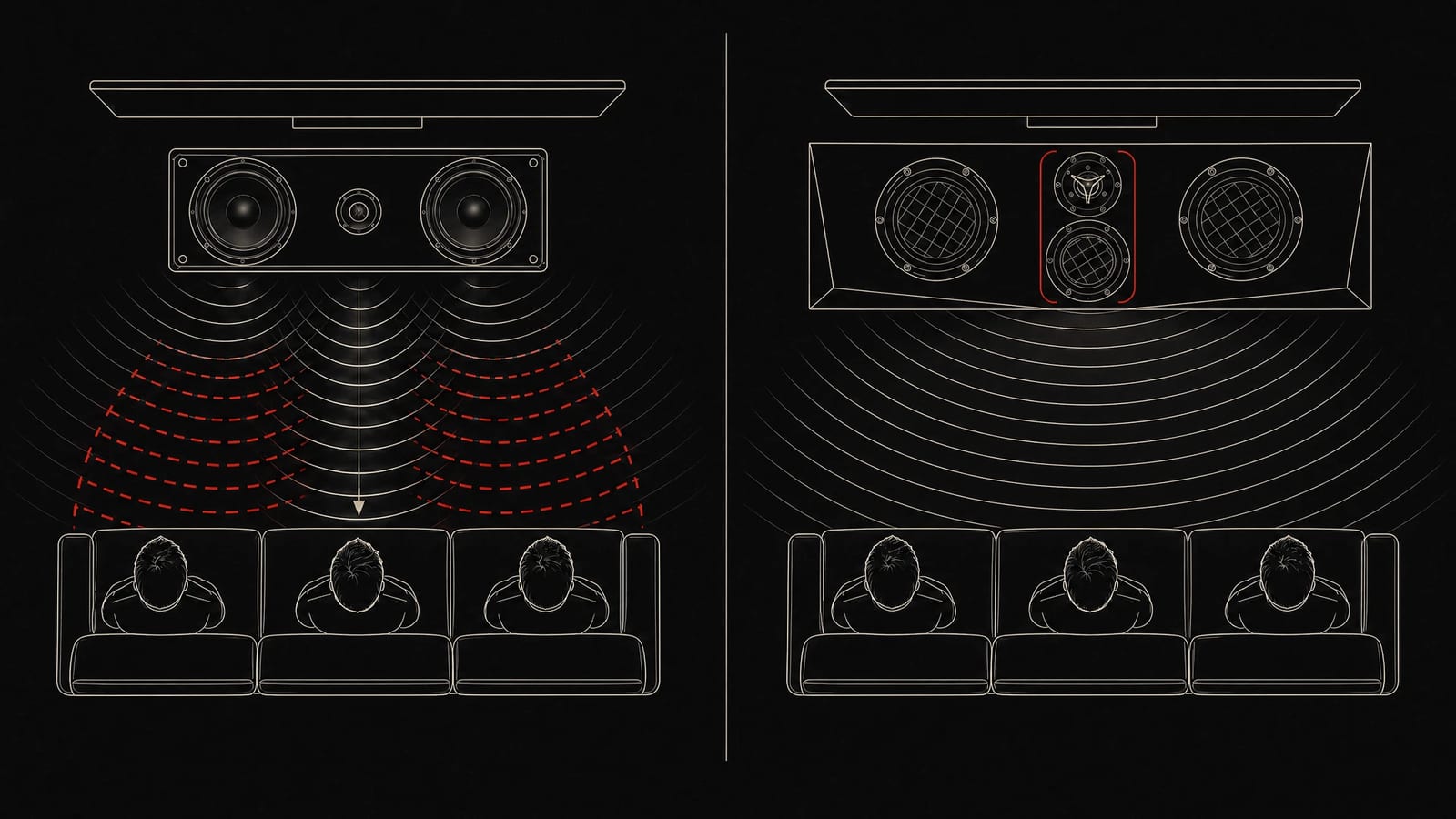 Two plan-view diagrams side by side. On the left, a conventional horizontal MTM centre speaker: its two side-by-side drivers throw overlapping red wavefronts that break up unevenly across three seats. On the right, Raiya Tx with its vertically stacked tweeter and midrange: the wavefronts stay concentric and even across the same three seats.