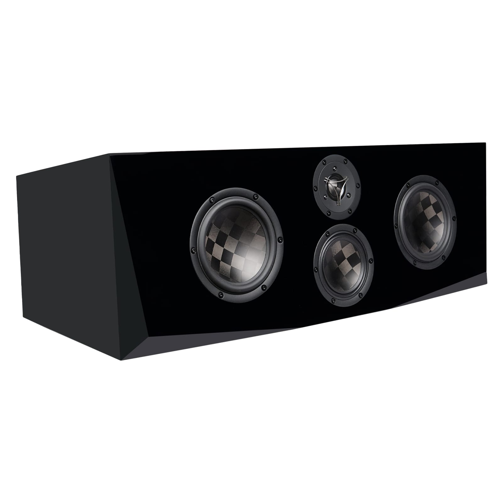 Raiya Tx at three-quarter view, showing the chamfered edges around the front baffle and the driver layout.