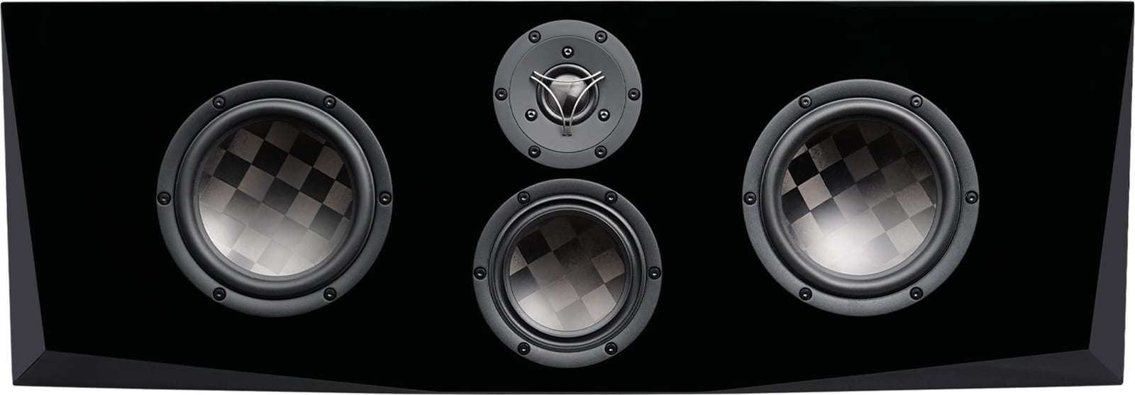 Raiya Tx head on: a wide gloss-black cabinet with angled ends, a TeXtreme midwoofer at each end, and the tweeter stacked directly above the midrange on the vertical centreline between them.