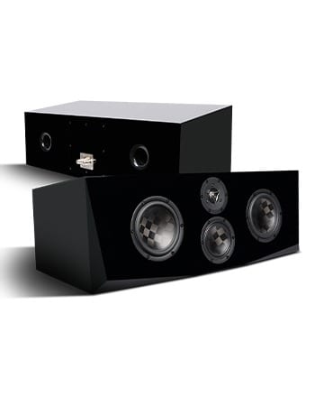 Two Raiya Tx cabinets on white: one from the rear three-quarter showing the ports and terminal plate, one from the front showing the midwoofers flanking the vertical tweeter and midrange.